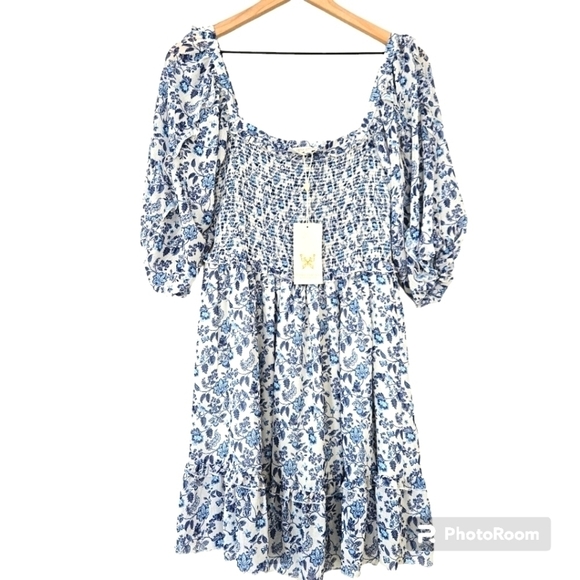 NWT Supernatural by Secret Mission blue floral puff sleeve dress size S - Picture 1 of 10